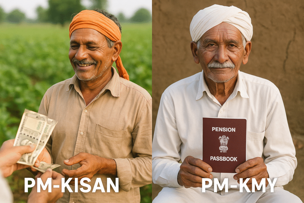 "Visual comparison of PM-KISAN and PM-KMY schemes – direct income support vs old age pension for farmers in India"