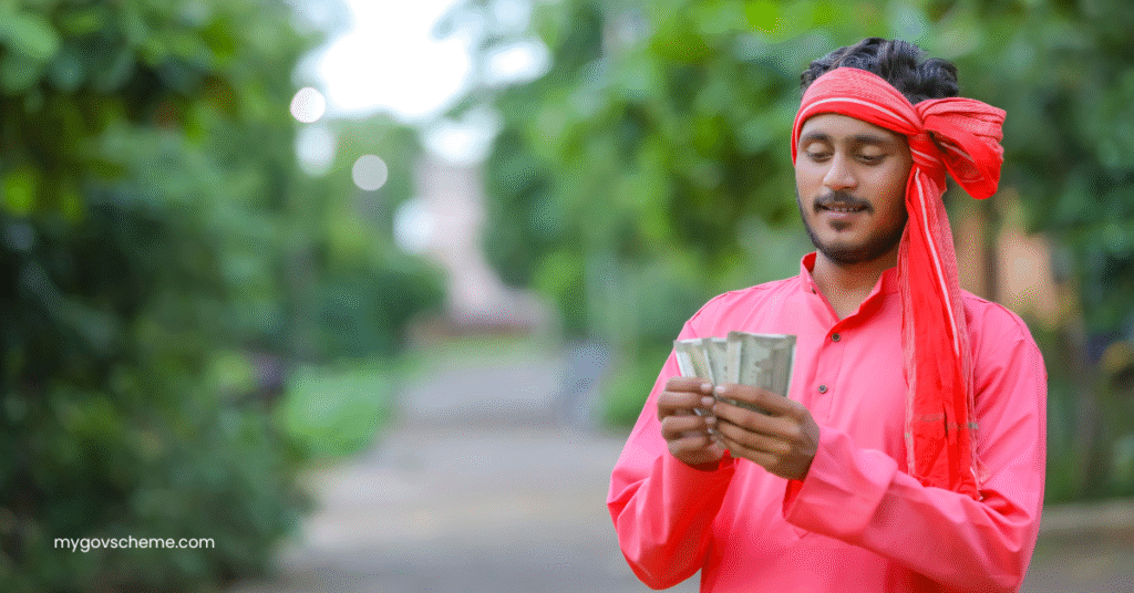 Smiling Indian farmer with pension money in hand standing in their farmland under PM-KMY scheme