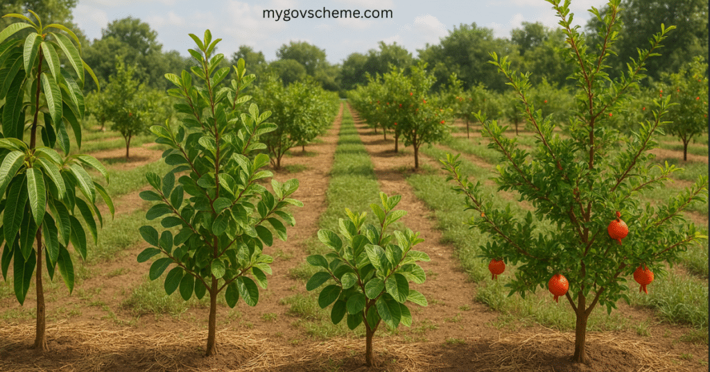 Farmers inspecting a vibrant orchard of mango, guava, and pomegranate trees under blue sky.