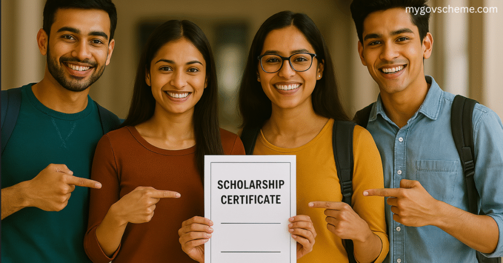Students celebrating receipt of Prime Minister’s Scholarship certificate