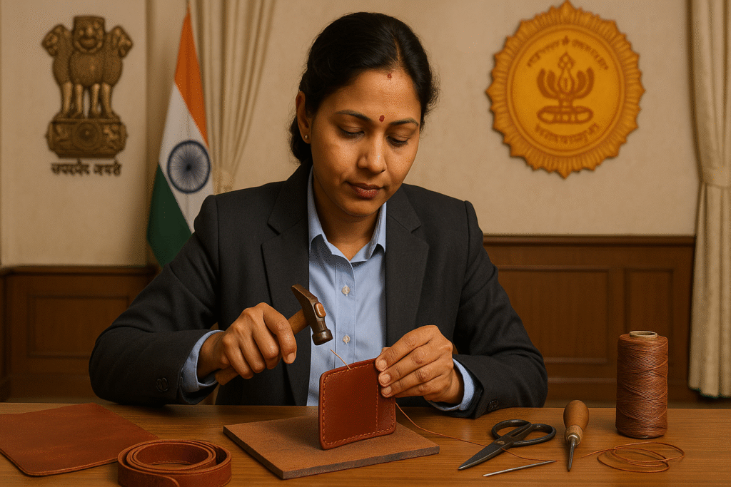 Charmakar woman in Maharashtra making leather goods under Mahila Samridhi Yojana loan scheme