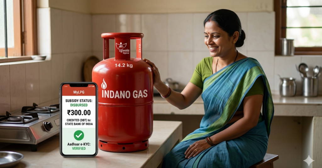 A domestic LPG gas cylinder with a smartphone showing a digital payment confirmation screen for the ₹300 subsidy