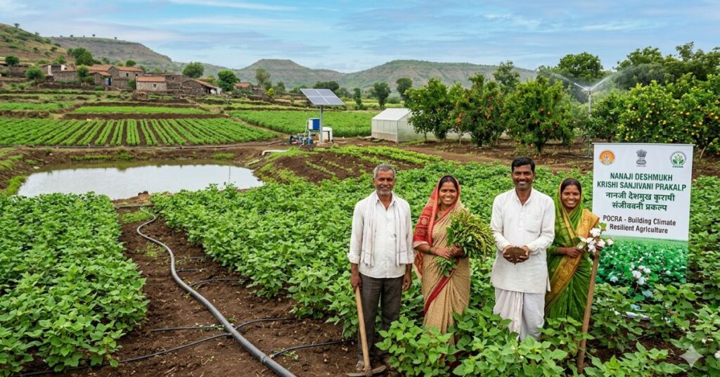 A group of Indian farmers standing in a lush green field in Maharashtra, representing the success of the Nanaji Deshmukh Krishi Sanjivani Prakalp.